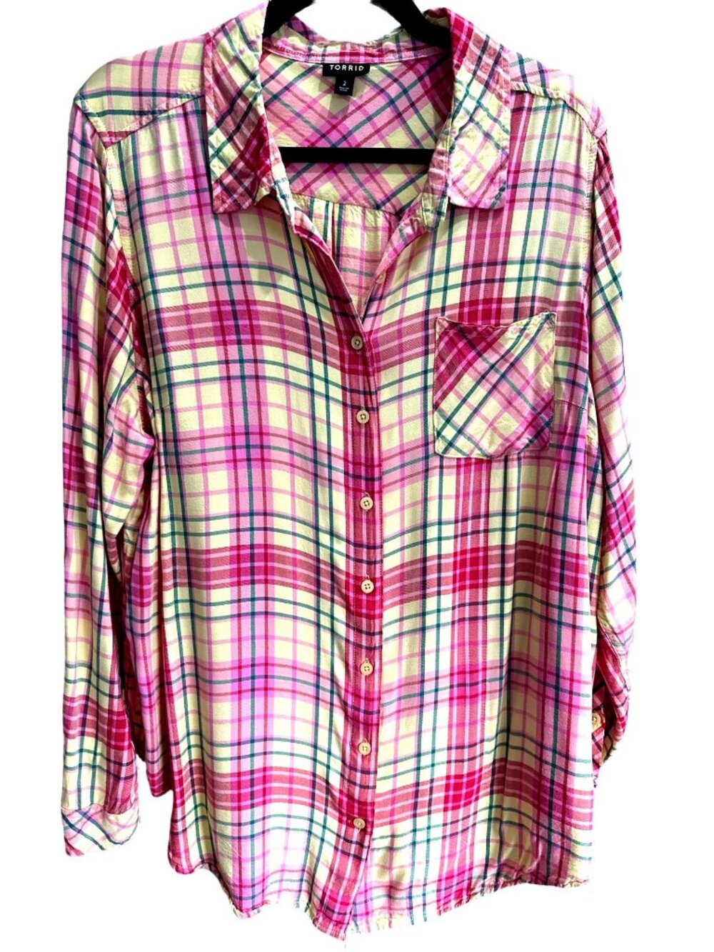 Torrid size 2 yellow pink plaid long sleeve button front tunic top